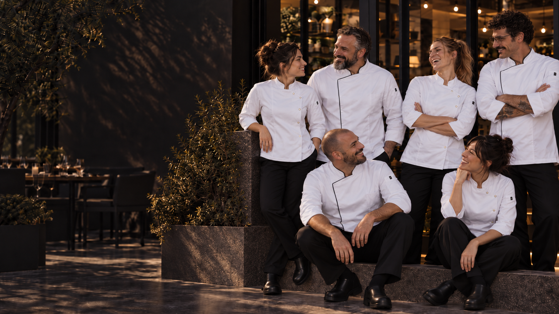 Equipo gastronómico con chaquetas blancas frente a un restaurante